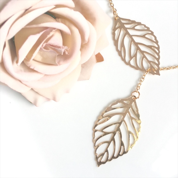 Gold Double Leaf Necklace - Picture 6 of 8